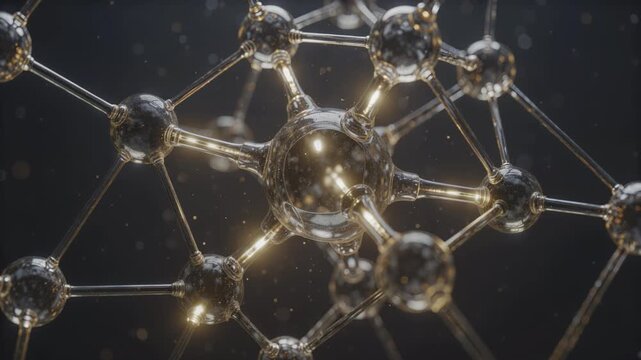 Macro shot of a neural network visualized as a 3D web of interconnected glass nodes,
synapses firing with warm golden light spreading outward from the center, dark navy
environment, particles drifting