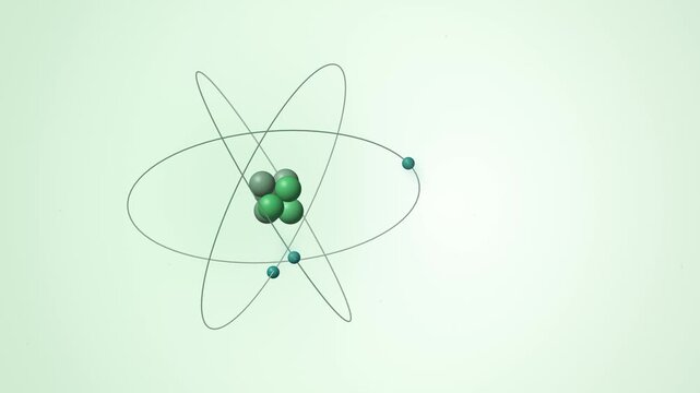 Atom model with electrons orbiting the nucleus in white and green, seamless loop animated background