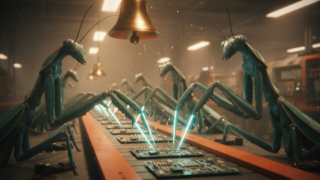 Alien mantis workers assembling circuit boards on an electronic factory production line. Science fiction scene depicting extraterrestrial labor and futuristic automated digital manufacturing.