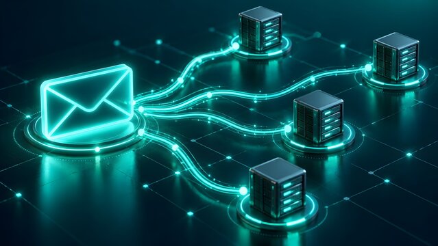 Email distribution network with glowing envelope icon connected to multiple server nodes on dark digital grid representing data routing