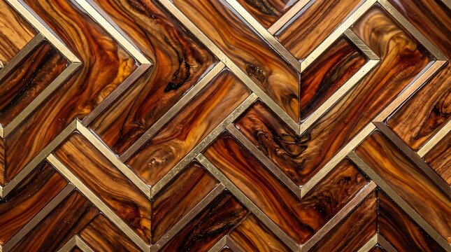 Brown wooden herringbone parquet texture with gold metal stripes in horizontal macro photograph