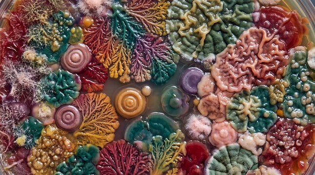 Colorful bacterial colonies growing on nutrient agar plate in microbiological laboratory research