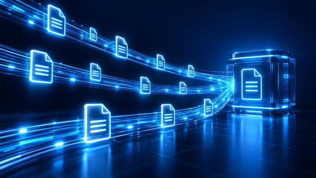 High speed file transfer and data migration concept with glowing document icons streaming into central digital storage cube