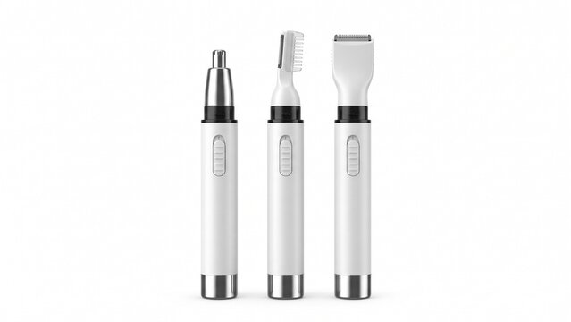 Modern electronic personal care device with interchangeable trimming heads standing upright on white background