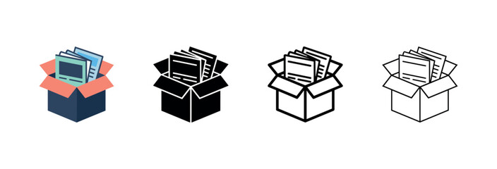 Obraz na płótnie Canvas Cardboard box filled with documents icon. Archive, storage or office organization symbol.