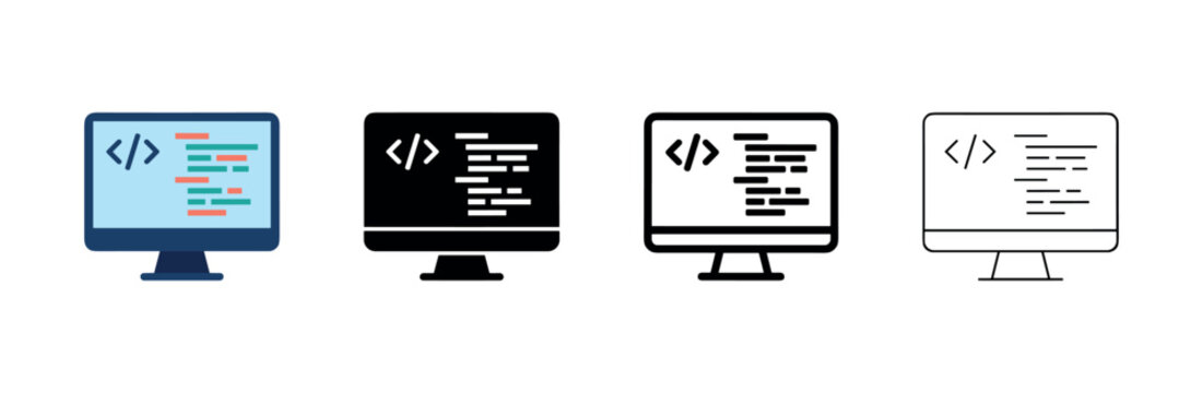 Computer monitor with programming code icon. Software development, coding or script symbol.