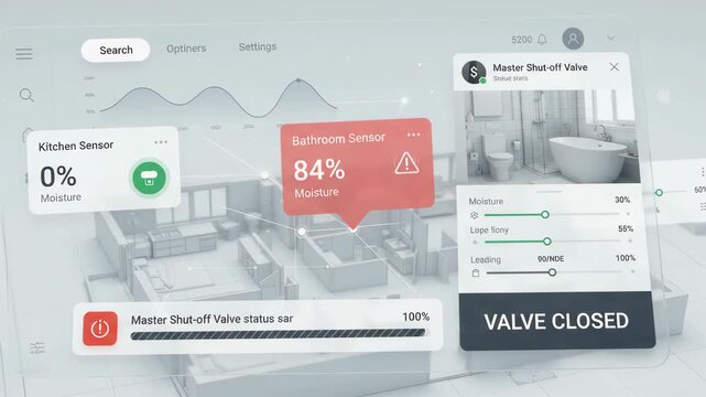 digital smart home interface displays leak detected alert with bathroom and kitchen monitoring sensors overlaid on 3D floor plan visualization of residential property in the background