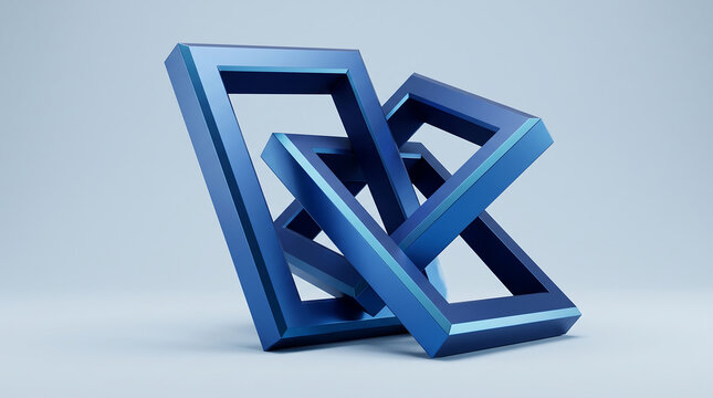 Abstract Blue Interlocking Geometric Shapes, Impossible 3D Polygon Sculpture on a Minimal Light Blue Background