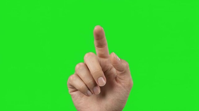 Male hand index finger touch virtual screen with confident gesture on chroma key green background for modern interactive technology design