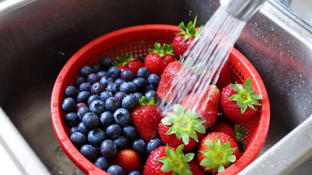 Fresh strawberries and blueberries being washed with clean tap water in a red colander inside a metal kitchen sink, vibrant photo