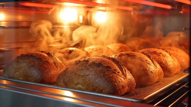 Fresh artisan sourdough bread baking inside a hot commercial oven with steam and glowing golden light in a bakery kitchen photo