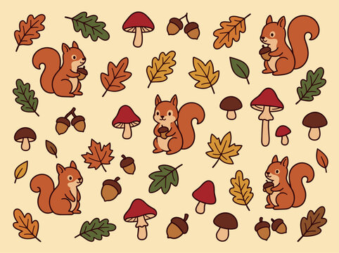 Woodland and autumn seamless pattern with squirrels mushrooms and acorns for packaging design in hand drawn style