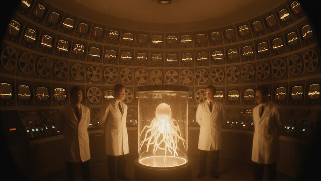 Scientists in white coats study alien creature in glass tank. Futuristic laboratory with vintage computer monitors on wall. Research of extraterrestrial life form in secret base.