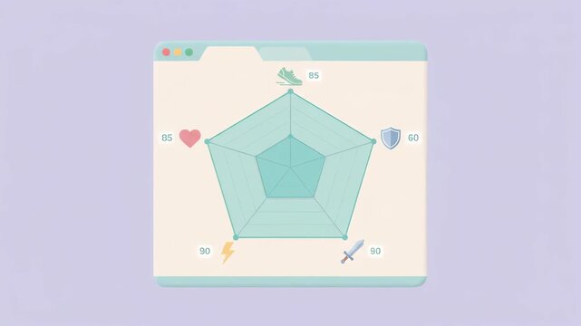 radar chart representing character stats is displayed in browser window interface against solid light purple background showcasing attributes like health speed and attack power icons