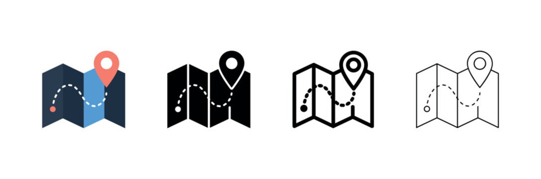 Folded Map with Pin and Route Icon Set, symbolizing navigation, travel planning, location, and journey tracking.