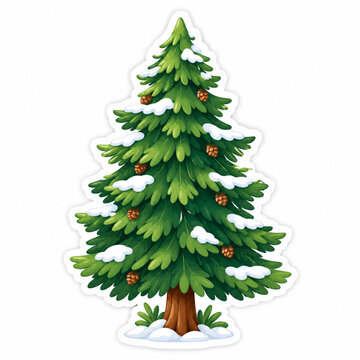 Cute Snowy Evergreen Tree Flat Vector Sticker Illustration on White Background