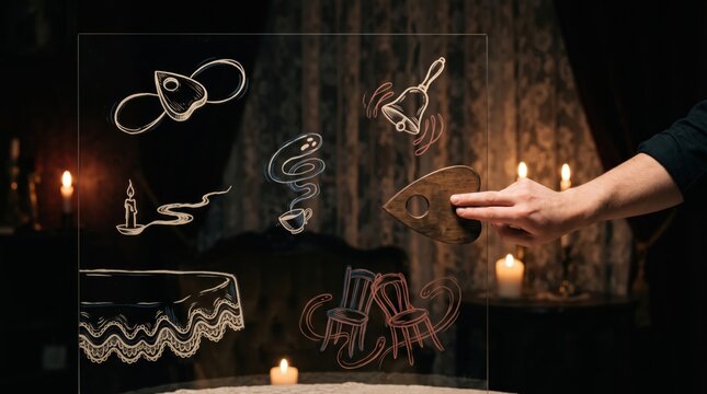Mystical seance illustration featuring glowing chalk drawings on glass, spiritualism board game elements, psychic medium divination symbols, dark occult concept art for halloween design