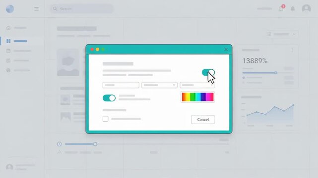 computer cursor selecting color from palette pop-up menu within digital interface window overlaid on blurred software dashboard background with data charts and UI elements