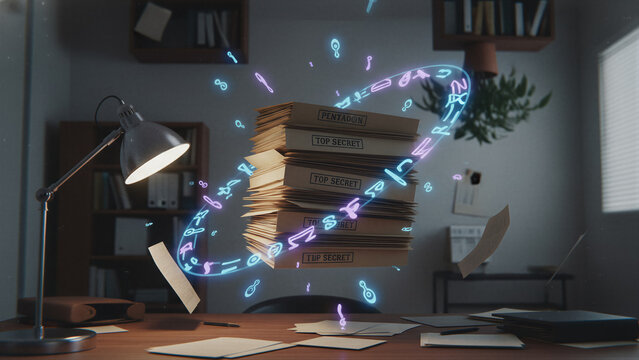 Stack of top secret documents floating on office desk with glowing alien symbols around. Mysterious paranormal phenomenon and sci-fi mystery. Investigation of extraterrestrial information.