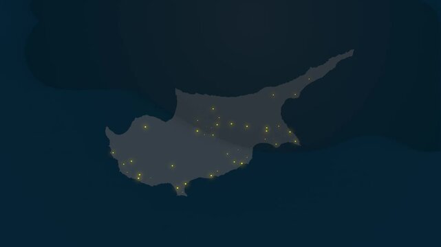 Map of Cyprus at Night Showing Glowing Urban Lights in Various Locations, Nighttime Cyprus View