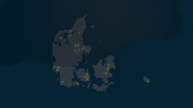 Denmark Map at Night Showing Glowing Urban Lights in Various Locations