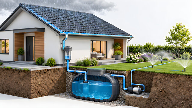 Rainwater harvesting system harvesting roof runoff into underground tank for garden irrigation