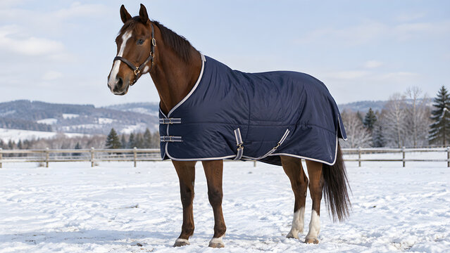 Bay horse wearing a dark blue winter rug standing in a snowy paddock