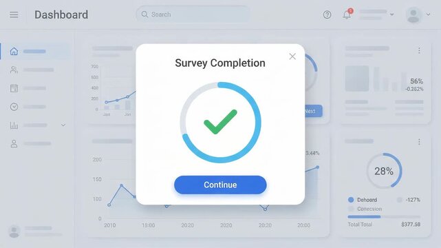 100 percent survey completion pop-up window displayed over blurred professional business analytics dashboard interface showing various data charts graphs and performance metrics in the background