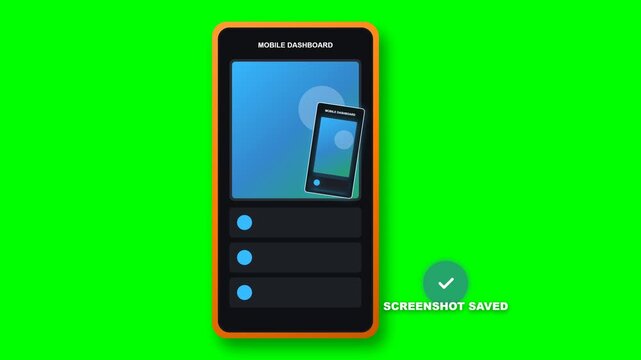 Premium 4K smartphone motion graphic animation showing a screen flash, a screenshot thumbnail popping out and moving to a preview position, followed by a success checkmark and SCREENSHOT SAVED text on