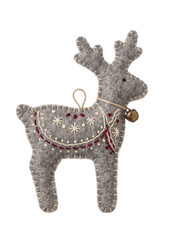 Handmade gray felt reindeer Christmas ornament with embroidered details and a small bell © Vova7