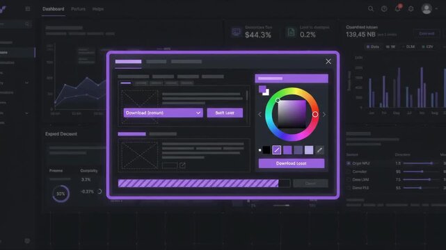 computer mouse cursor clicks on color picker tool within graphical interface window displayed over dark mode analytics dashboard with various charts and data visualizations in the background