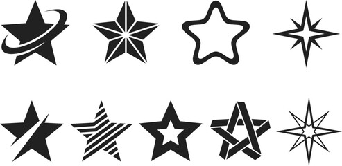 Abstract black star icons vector collection with geometric linear ribbon and planetary ring starburst elements © MAYNA