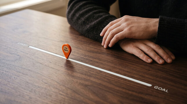 Person holding hands near small map pin on wooden table labeled
