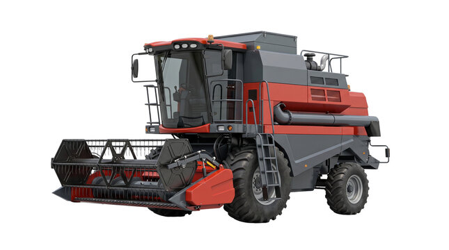 Combine harvester for agricultural grain harvesting, modern red farm machinery for crop production, heavy duty industrial harvesting equipment isolated PNG with Transparent Background