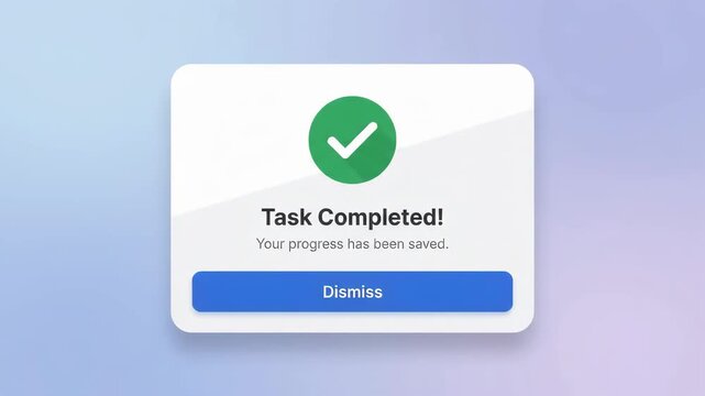 digital notification card showing task completed checkmark icon displayed on soft blurred gradient background representing successful project documentation updates in virtual workspace