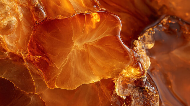 Macro texture of translucent amber with glowing orange veins, abstract natural background