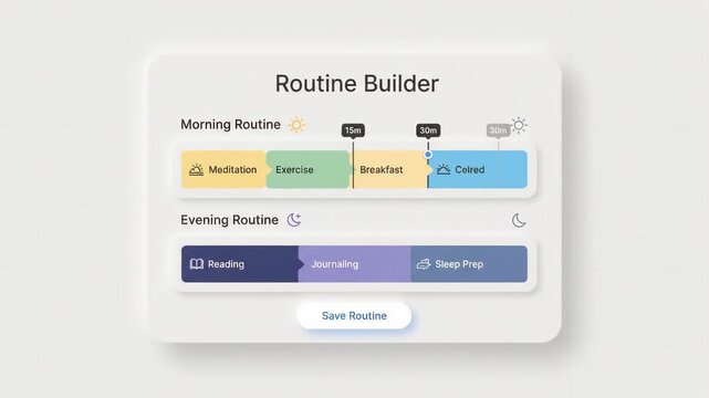 Digital routine builder interface displaying morning and evening habit schedules on clean light grid background with soft shadow aesthetics to organize daily tasks and wellness activities effectiv