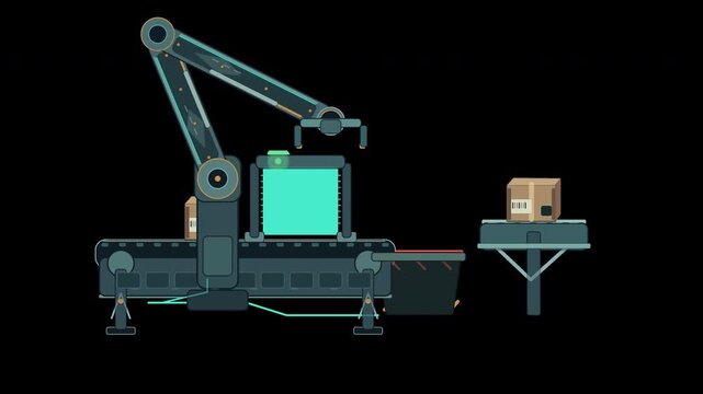 Robotic arm quality control sorting accepted and rejected packages on transparent background