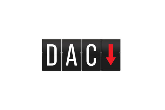 Arrival board displaying the three-letter code DAC with a red down arrow, symbolizing arrivals or a decline in travel, presented on a transparent background