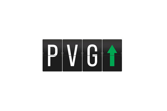 PVG airport code letters showing on a retro split-flap display board with a green upward arrow indicating departures and a transparent alpha channel background