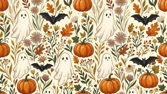 Whimsical seamless Halloween pattern featuring orange pumpkins ghosts and bats