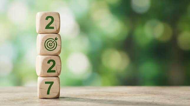 Stacked wooden cubes displaying green numbers and target symbols for year twenty twenty seven planning concept against blurred natural outdoor green foliage background