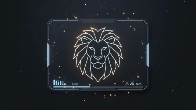 glowing neon lion head outline displayed on futuristic dark digital interface screen with floating light particles against textured background