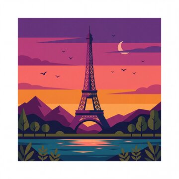 Paris Eiffel Tower Silhouette Flat Vector Illustration Sunset Landscape