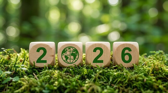 Wooden blocks displaying green numbers forming year twenty twenty six with globe symbol placed gracefully over fresh green moss inside natural serene forest setting