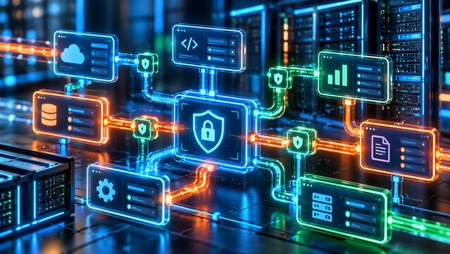 Cybersecurity firewall and data protection network with central padlock shield securing cloud storage, source code, databases and server infrastructure