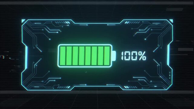 neon blue digital battery icon at zero percent charge is displayed on futuristic interface screen with glowing circuit board patterns in the background
