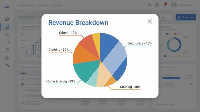 colorful revenue breakdown pie chart is displayed in pop-up window centered over digital business analytics dashboard interface showing various statistical graphs and data tables