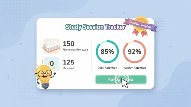 digital study session tracker interface displays flashcard progress statistics and retention rates with cheerful lightbulb mascot on soft blue background with subtle geometric pattern