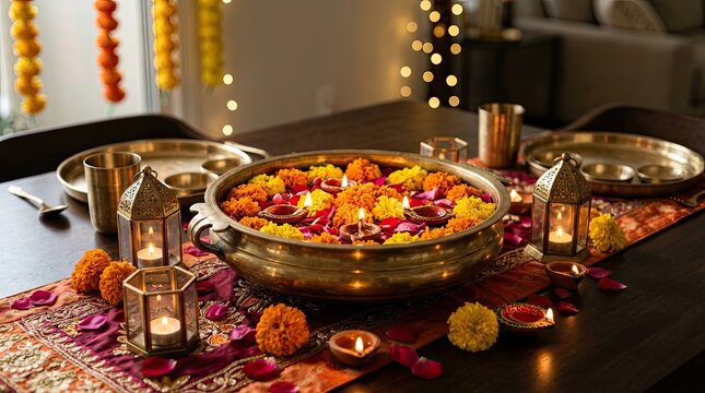 A beautiful and vibrant diwali scene featuring traditional lamps and decorations symbolizing light over darkness
